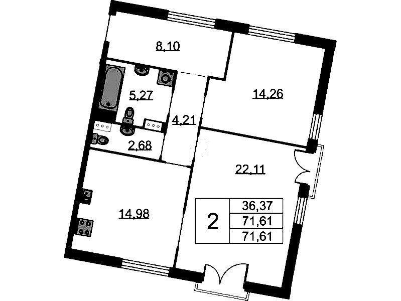 2-комнатная квартира 71.61 м², 6/9 эт., ЖК «Бакунина 33»